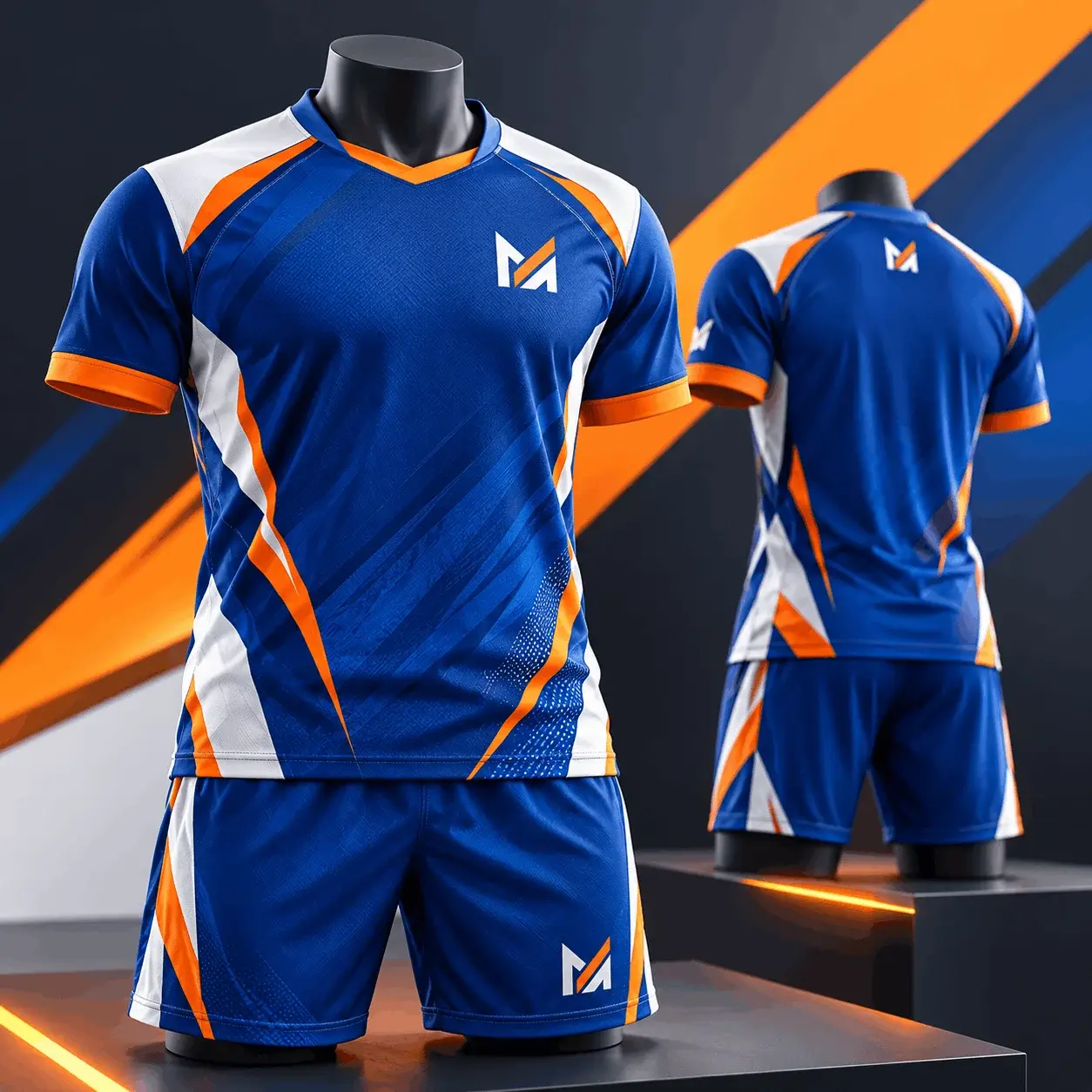 Custom sports and club uniform displayed on mannequins, featuring a blue performance jersey and matching shorts with orange and white panels, athletic detailing, and Mega Apparel branding.